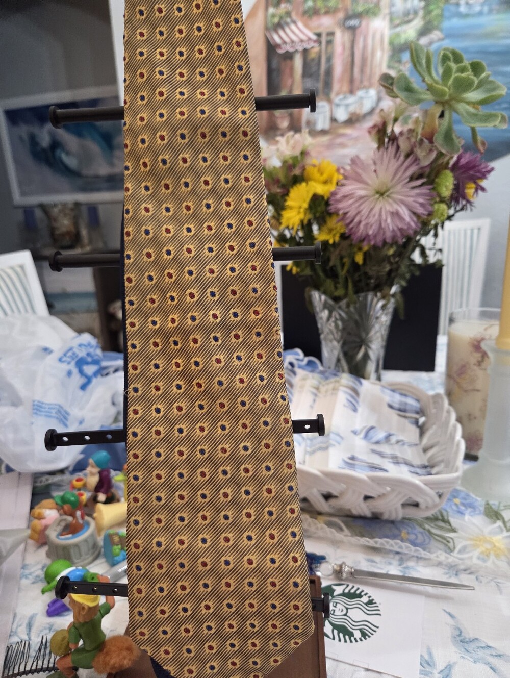 Tommy Hilfiger Silk Gold Patterned Tie Made In USA.